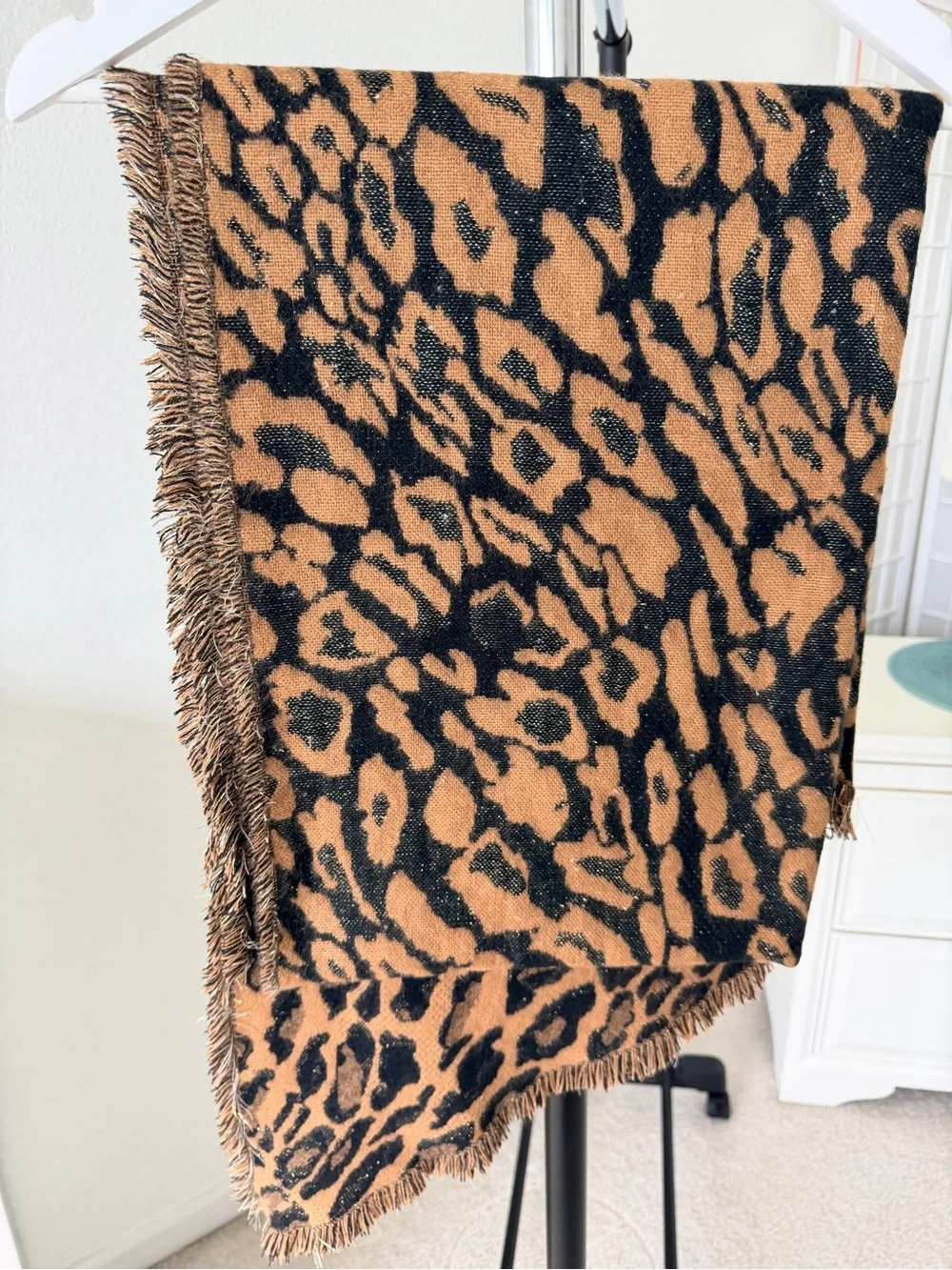 Brown & Black Leopard Print Fringe Scarf - Women Accessories  XXL